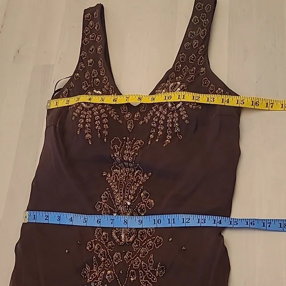 EUC VTG Marina 100% Silk Beaded and Sequined Chocolate Bown Lined Dress - Picture 10 of 17